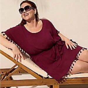 Cacique Deep Red Swim Cover-Up with Tassel Trim